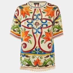 Dolce & Gabbana Multicolor Majolica Print Silk Lace Trim Top S