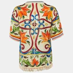 Dolce & Gabbana Multicolor Majolica Print Silk Lace Trim Top S