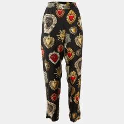 مملوكة مسبقًا Dolce & Gabbana Black Printed Silk Trimmed Trousers M