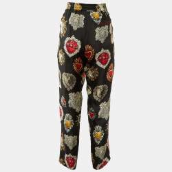 مملوكة مسبقًا Dolce & Gabbana Black Printed Silk Trimmed Trousers M