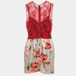 Dolce & Gabbana Red Lace and Floral Print Satin Mini Dress M