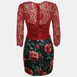 Pre Owned Dolce & Gabbana Red/Black Lace and Floral Print Crepe Mini Dress M