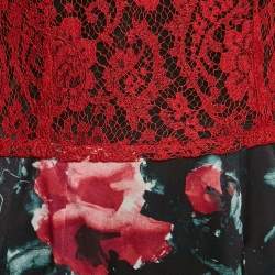 Pre Owned Dolce & Gabbana Red/Black Lace and Floral Print Crepe Mini Dress M