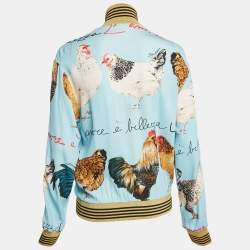 Pre Owned Dolce & Gabbana Blue Hen and Cock Print Crepe  Zip-Up Bomber Jacket S