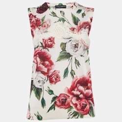Pre Owned Dolce & Gabbana White Floral Print Silk Knit Lace Trimmed Sleeveless Top S