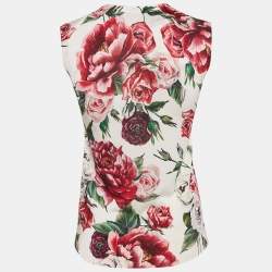 Pre Owned Dolce & Gabbana White Floral Print Silk Knit Lace Trimmed Sleeveless Top S