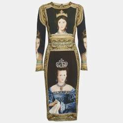 Pre Owned Dolce & Gabbana Brown Queen Print Crepe Midi Dress M