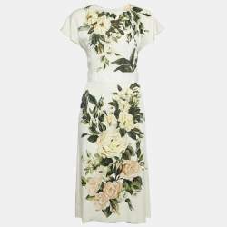 Pre Owned Dolce & Gabbana Cream Floral Print Silk Applique Detail Short Dress S