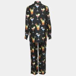 Pre Owned  Dolce & Gabbana Black Cocktail Print Silk Pajama Shirt and Pants Set S