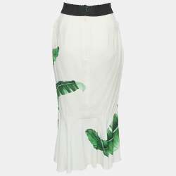 Pre Owned Dolce & Gabbana White Banana Leaf Print Crepe Flared Hem Midi Skirt S