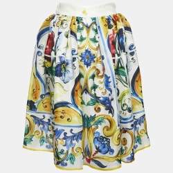 Pre Owned Dolce & Gabbana Yellow/Blue Majolica Print Silk Gathered Short Skirt S