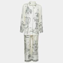 Dolce & Gabbana Off-White Cage Bird Print Silk Pajama Top and Pants Set S