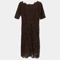 Pre Owned Dolce & Gabbana Brown Corded Lace Long Sleeve Midi Dress M