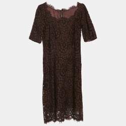 Pre Owned Dolce & Gabbana Brown Corded Lace Long Sleeve Midi Dress M