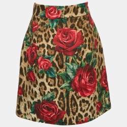 Dolce & Gabbana Brown Leopard and Rose Print Jacquard Mini Skirt S