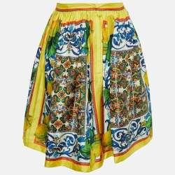 Pre Owned Dolce & Gabbana Yellow Sicilian Lemon Print Silk Flared Skirt S
