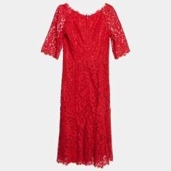 Dolce & Gabbana Red Lace Short Sleeve Midi Dress M