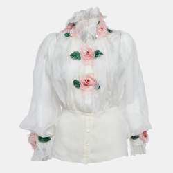 Dolce & Gabbana White Floral Applique Organza Silk Sheer Blouse XS