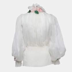 Dolce & Gabbana White Floral Applique Organza Silk Sheer Blouse XS