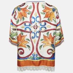Pre Owned Dolce & Gabbana Multicolor Majolica Print Silk Lace Trim Top L