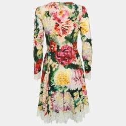 Pre Owned Dolce & Gabbana Pink Floral Print Crepe Lace Trim Short Dress M
