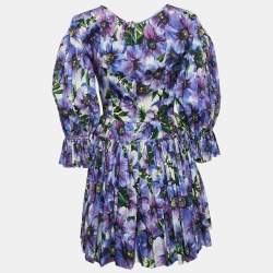 Pre Owned Dolce & Gabbana Purple Poppy Print Poplin Tiered Mini Dress M