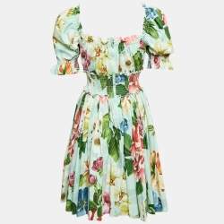 Pre Owned Dolce & Gabbana Blue Floral Print Poplin Shirring Tiered Mini Dress M
