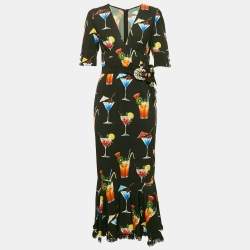 Dolce & Gabbana Black Embellished and Cocktail Print Crepe Long Dress S