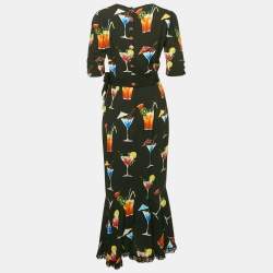 Dolce & Gabbana Black Embellished and Cocktail Print Crepe Long Dress S