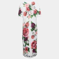 Pre Owned Dolce & Gabbana White Floral Print Crepe Brooch Detail Midi Dress XL
