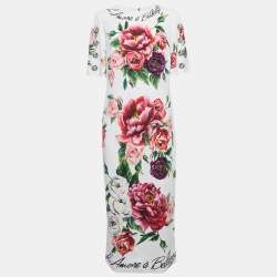 Pre Owned Dolce & Gabbana White Floral Print Crepe Brooch Detail Midi Dress XL