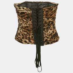 Pre Owned Dolce & Gabbana x Skins Brown Leopard Print Silk Lace-Up Bandeau Corset Top M