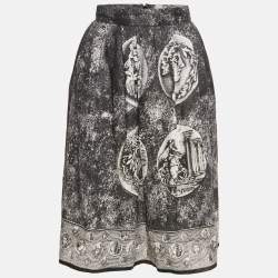 Dolce & Gabbana Black Printed Linen Pleated Midi Skirt S