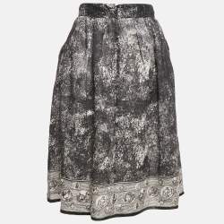 Dolce & Gabbana Black Printed Linen Pleated Midi Skirt S
