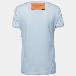 Pre Owned Dolce & Gabbana Light Blue Logo Embellished Knit Crew Neck T-Shirt M