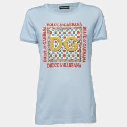 Pre Owned Dolce & Gabbana Light Blue Logo Embellished Knit Crew Neck T-Shirt M
