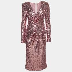 Dolce & Gabbana Pink Metallic Sequin Mesh Draped Midi Dress M