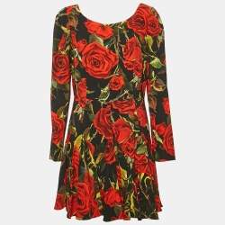 Dolce & Gabbana Black Rose Print Crepe Flared Mini Dress L