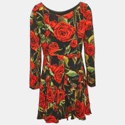 Dolce & Gabbana Black Rose Print Crepe Flared Mini Dress L