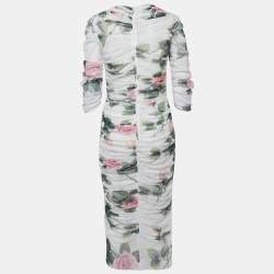 Pre Owned Dolce & Gabbana White Floral Print Tulle Ruched Midi Dress L