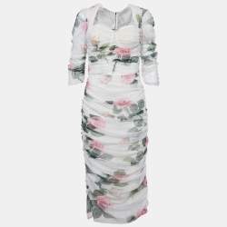 Pre Owned Dolce & Gabbana White Floral Print Tulle Ruched Midi Dress L