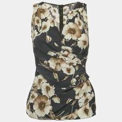 Dolce & Gabbana Dark Grey Floral Print Silk Blend Draped Top S