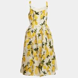 Dolce & Gabbana Yellow Lemon Print Silk Flared Midi Dress L