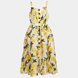 Dolce & Gabbana Yellow Lemon Print Silk Flared Midi Dress L