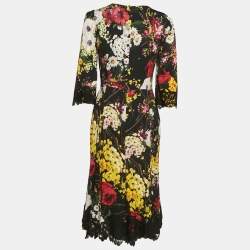 Dolce & Gabbana Black Floral Print Silk Lace Trim Midi Dress M