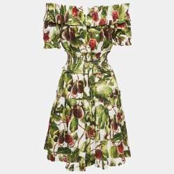 Dolce & Gabbana Green Fig Print Poplin Shirring Detail Mini Dress XS
