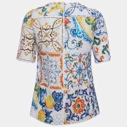 Dolce & Gabbana White Majolica Patchwork Print Lace Top S