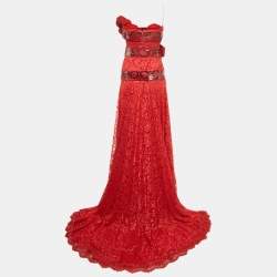 Pre Owned Dolce & Gabbana Red Snakeskin Leather Trim Lace Slit Detail Gown S