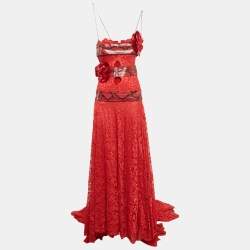 Dolce & Gabbana Red Snakeskin Leather Trim Lace Slit Detail Gown S