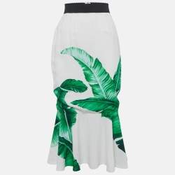 Dolce & Gabbana Ivory Banana Leaf Print Crepe Flounced Skirt S
